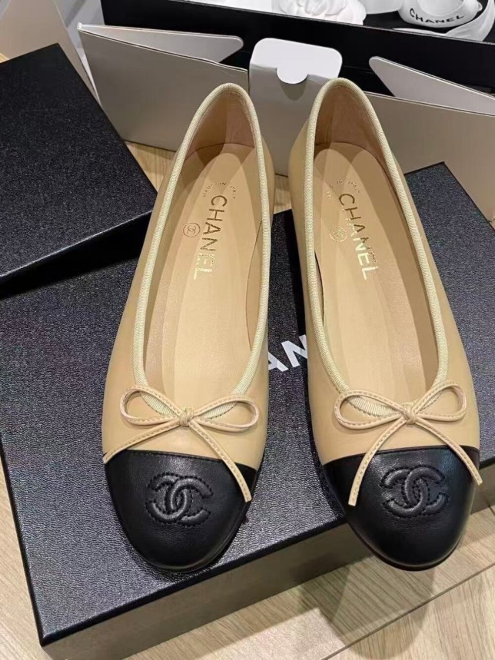 Chanel Beige & Black Cap Toe Bow CC Logo Ballet Flats